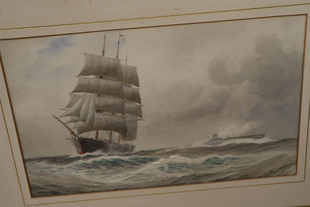 Joseph William Carey (1859-1937), watercolour, Sailing ship and submarine a sea, signed and dated 1917, 32 x 51cm